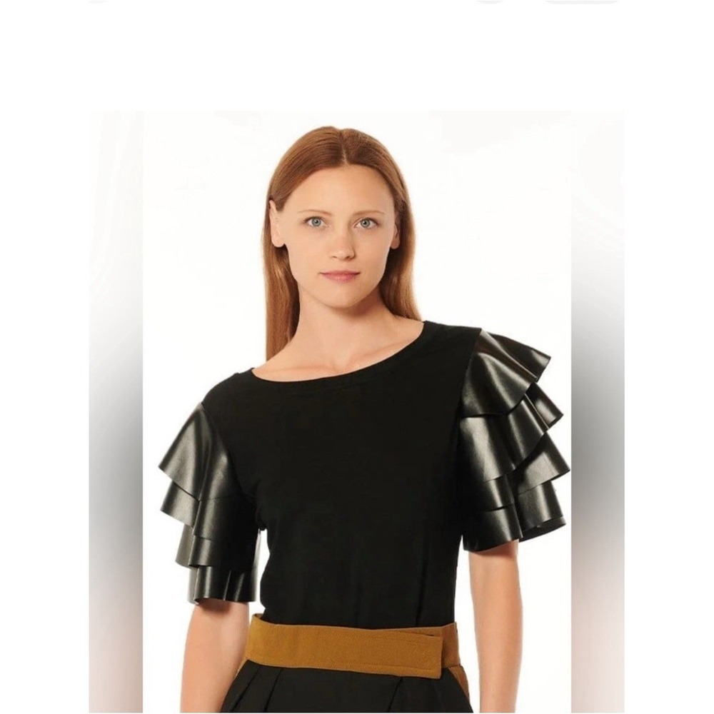 Gracia Triple Leather Ruffle Sleeve Top L Black Mixed Media Avant Garde Goth New